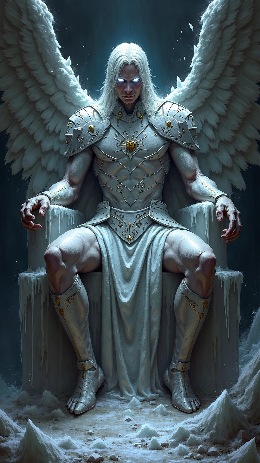 The painting depicts Icarus, a figure from Greek mythology, in a dark and melancholic environment. Icarus is sitting on a majestic throne, which is made of melted wax, as if it were slowly oozing out. The room around you is shrouded in darkness, with only a soft, diffuse light, which barely illuminates the room. --auto --s2