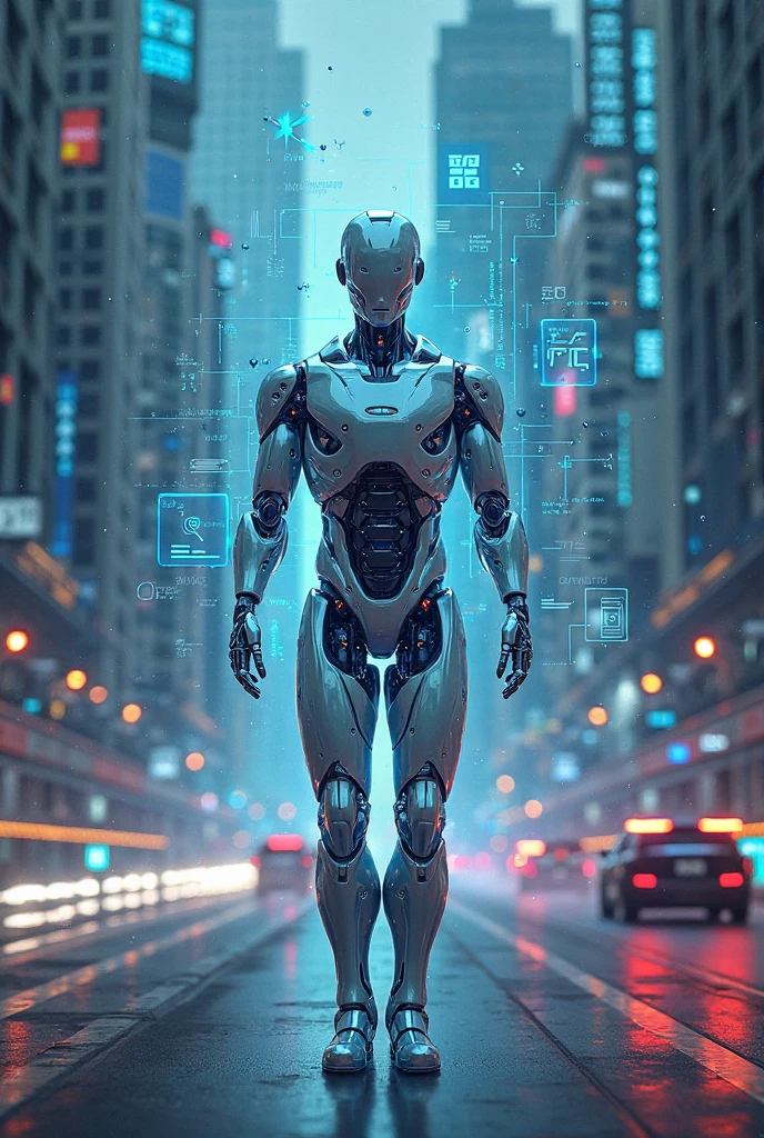 Visualize the era of AI, Opportunities and Challenges. Create an image that represents the dawning age of artificial intelligence, showcasing both the immense potential and the formidable obstacles that accompany it. Incorporate futuristic elements such as futuristic cityscapes, advanced technology, and intelligent machines to symbolize the opportunities presented by AI. At the same time, include elements that convey the challenges and complexities of navigating this new frontier, such as data privacy concerns, ethical dilemmas, and societal disruptions. Strike a balance between optimism and caution, inviting viewers to contemplate the multifaceted landscape of the AI era