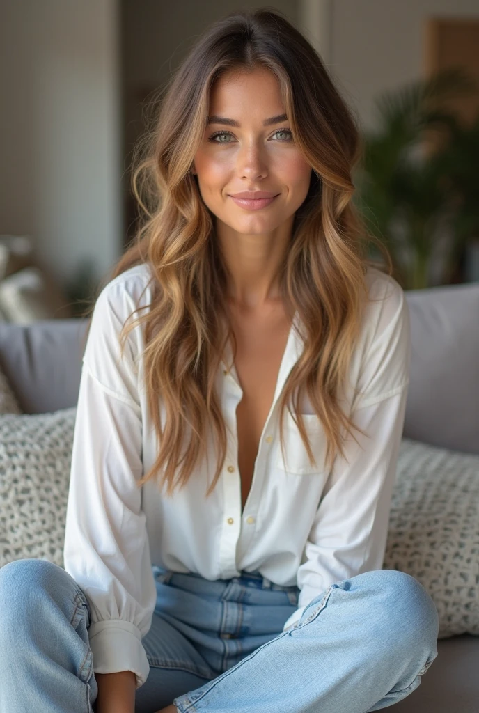 Cute girl with jeans sitting down at chair infront camera