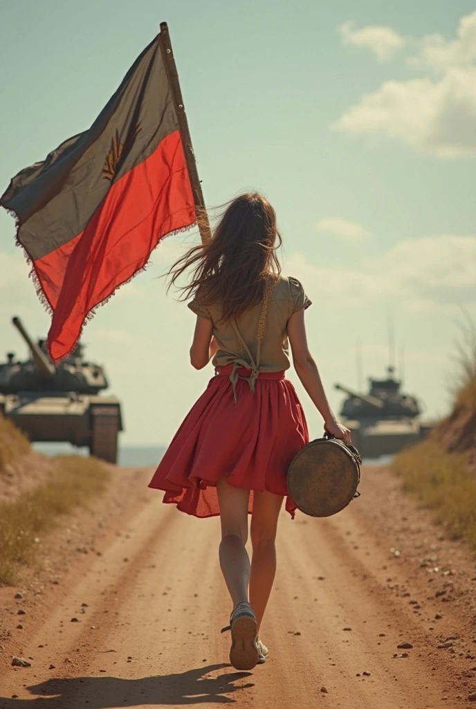 A girl of about 5 years old with unkempt black hair.、The girl is blocking the advance of the large panzer that has come from the back of the screen by spreading her arms and legs. This is a painting.、A large black panzer in the background、The sinister red and black colour of the sky、Deep contrast、The smallest white flower in the foreground、It seems that the girl is standing in the way so that the panzer doesn't crush the small flower、intricate and intense Oil paints, Abstract Painting, intricate Oil paintsing artwork, Vadim Kashin、Realistic, gives the viewer a detailed impact, a portrait painted with oil paint, , intricate and wet Oil paints, Oil paints, New art beyond dimensions, Only the back view, Ryan Hewett、bichu、oil paintin、A three-dimensional painting、super masterpiece、Ultra high definition、vivid colors、