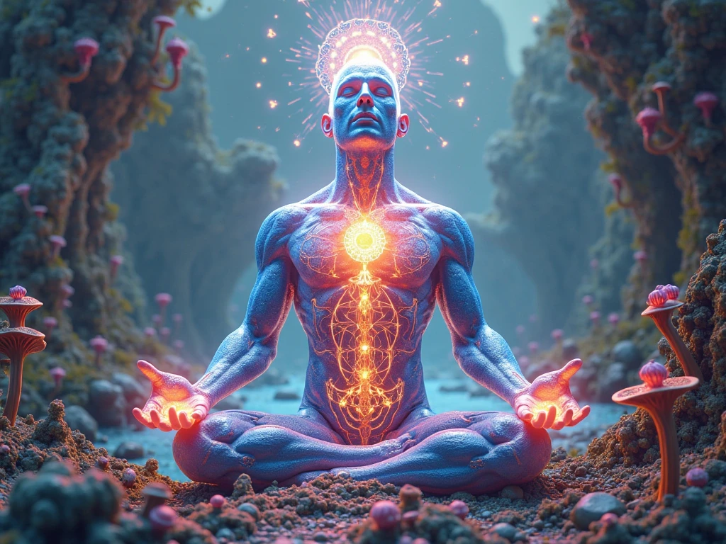 I would like the silhouette of a person in a state of meditation. A subtle light comes out of his chest, drawing the shape of the kundalini energy. The background of the image should be very calm, a very starry night. In the corner of the image, two beautiful mushrooms intertwined. These mushrooms are of many colors, evoking a psychedelic trip. These mushrooms should be in the corner of the image.