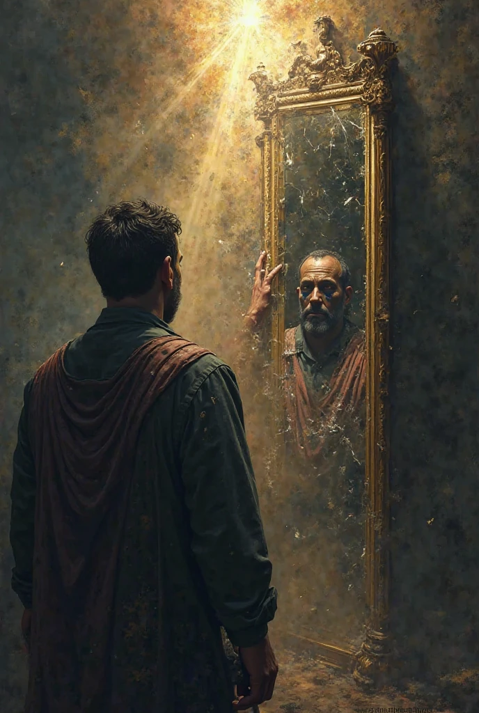 In a 16:9 landscape format, the Stoic philosopher stands before a large, ancient mirror in a darkened room, his reflection showing a weary, pained expression. The room, adorned with elements of Roman architecture, is shadowy, with a single light source illuminating the philosopher and his reflection. His tunic drapes over his well-defined shoulders, subtly revealing his muscular form. The mirror's surface is slightly tarnished, symbolizing the inner conflict. The philosopher's hand hovers near the glass, as if seeking strength from his reflection. The background fades into darkness, leaving the focus on the philosopher and the mirror, representing the struggle to accept the painful truth.