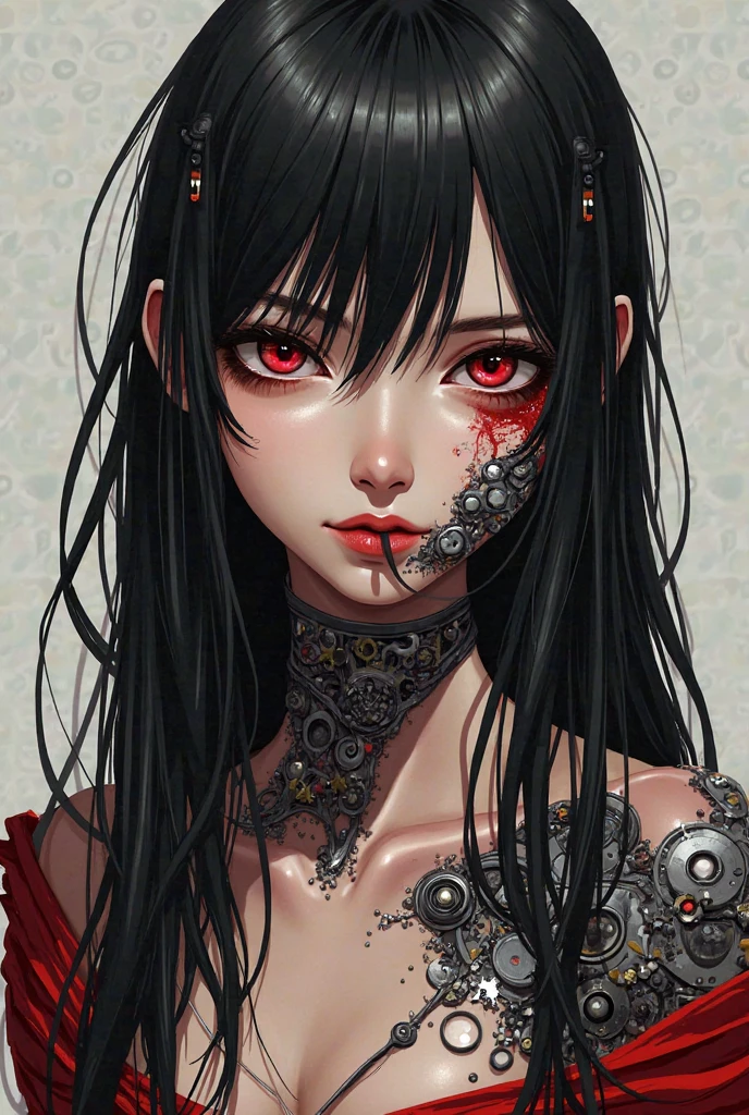 (masterpiece,Highest quality,Highest quality,Official Art,Beauty and aesthetics:1.2),(1. Mechanical Girl:1.3),(Upper body only:1.4),Huge ,Severed from the neck(Exposing internal organs and mechanical entrails),Blood tube,(Pierced the body:1.4 ),Very detailed,rich color details((Very detailedな)),(Very detailedなCGイラスト),((Very elegant and beautiful),(From the side From the side),(Machine made joints:1.2),((Mechanical Limbs)),(チューブに接続されたBlood tube), (Mechanical vertebrae attached to the back),((Mechanical cervical vertebrae attached to the neck)),(sit),Expressionless,(Wires and cables attached to the neck:1.2),(Overhead Wires and Cables:1.2)(Character Focus),sf,White Background,(Blood:1.5),Half of the body is mechanical、Head coming out of chest