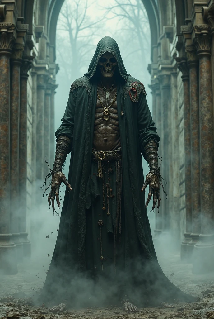 black man with skull face, slightly muscular, wearing no shirt, black pants with frayed hems, a black cloak with gold trim, a hood covering the head and hiding part of the face kneeling on top of a tomb in an ancient cemetery, a one woman, long black hair, red skirt and corset dancing in the background, on a mysterious moonlit night