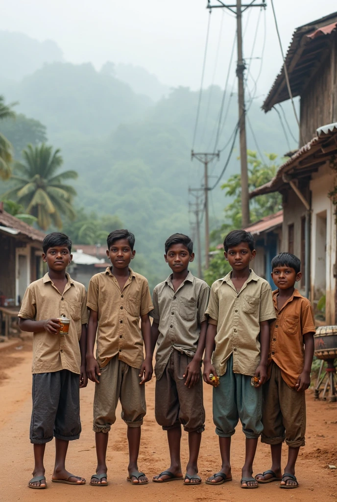 indian poor father with lots of children, looking at camera