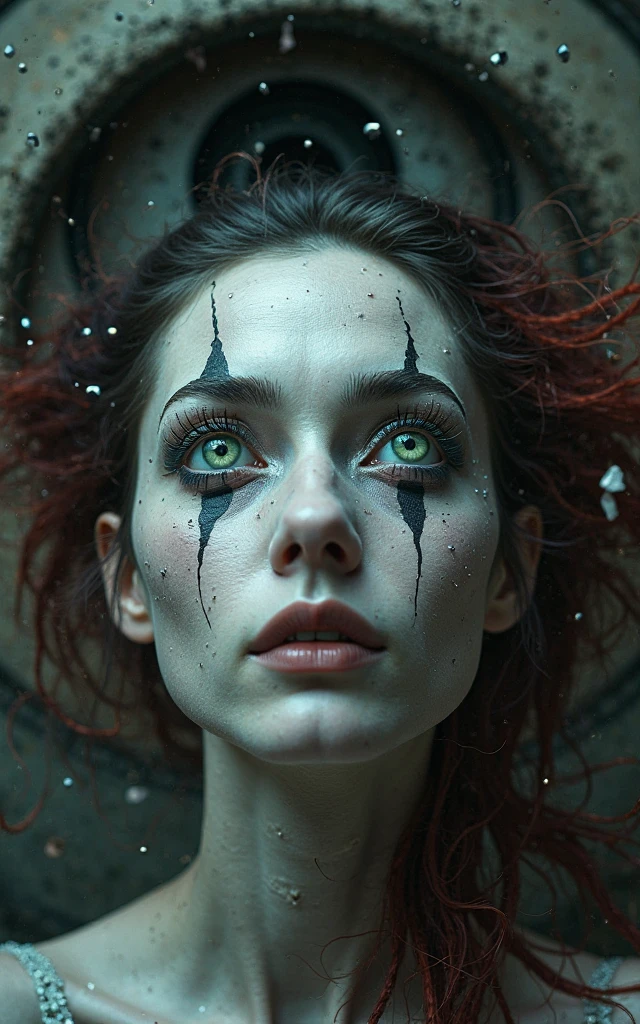 (Psychopathic Halle Quinn),Teardrop-shaped eyes，Reddens Nose，Cute,Wavy hair, feathered headdress，Sparkling sequins,(Colorful clown costumes), (Jester cap)，high-heels。burst into laughter, (The ground was covered in blood), (Standing in an abandoned hospital corridor),Vibrant colors,painting-like,Sharp contrast,ominous lighting.Best quality, Realistic, Photorealistic fidelity: 1.37, Artistic interpretation, Masterpiece: 1.2.