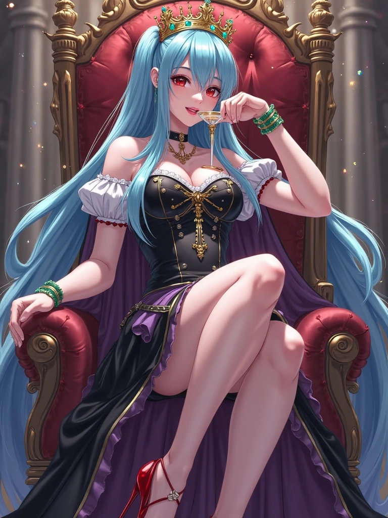 A very beautiful queen with a voluptuous body sitting cross-legged on a golden throne with many jewels embedded, (Alone), very beautiful and detailed face, erotic body, a tight-fitting purple dress, green eyes, Jet black hair, wet hair, very long hair, naughty face, cowboy shot, anime style, Masterpiece, The background is the throne room of a European royal castle, The best quality, highly detailed, UHD, 8k, Vivid colors