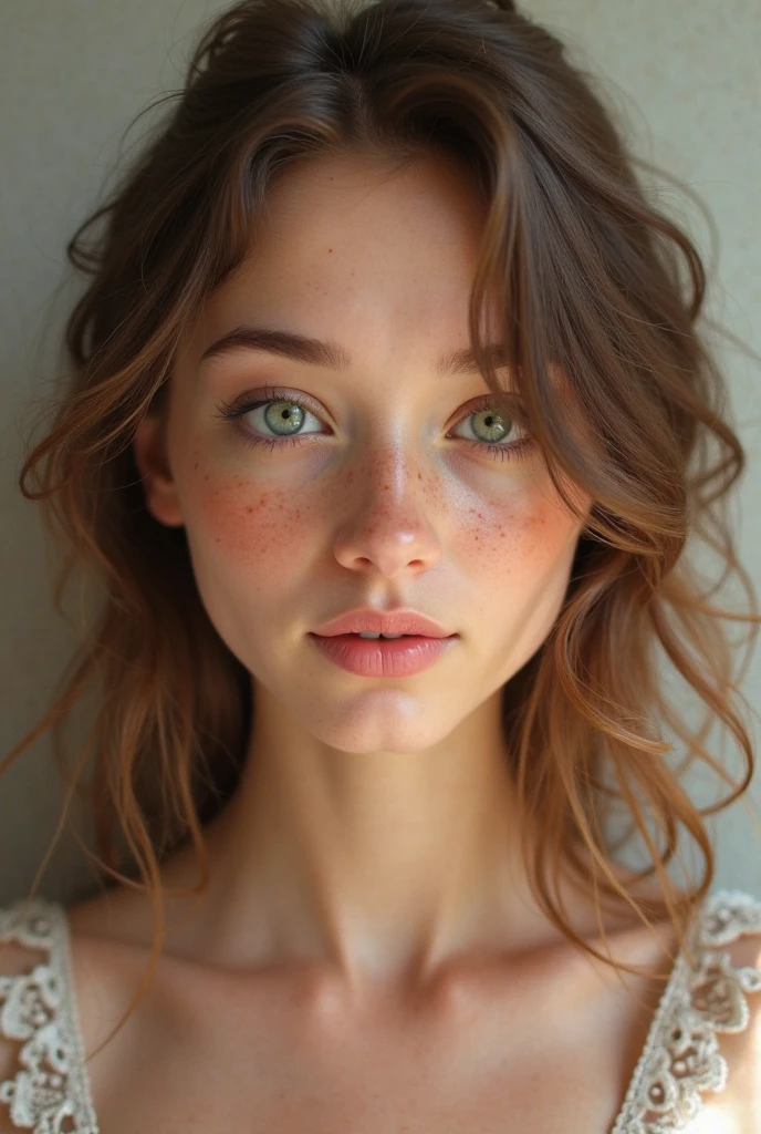 Belle femme simple âgée d’une vingtaine d’années, cheveux bruns et bouclés, yeux verts, belle bouche pulpeuse, petit nez, regard intense, taches de rousseurs, photos réaliste