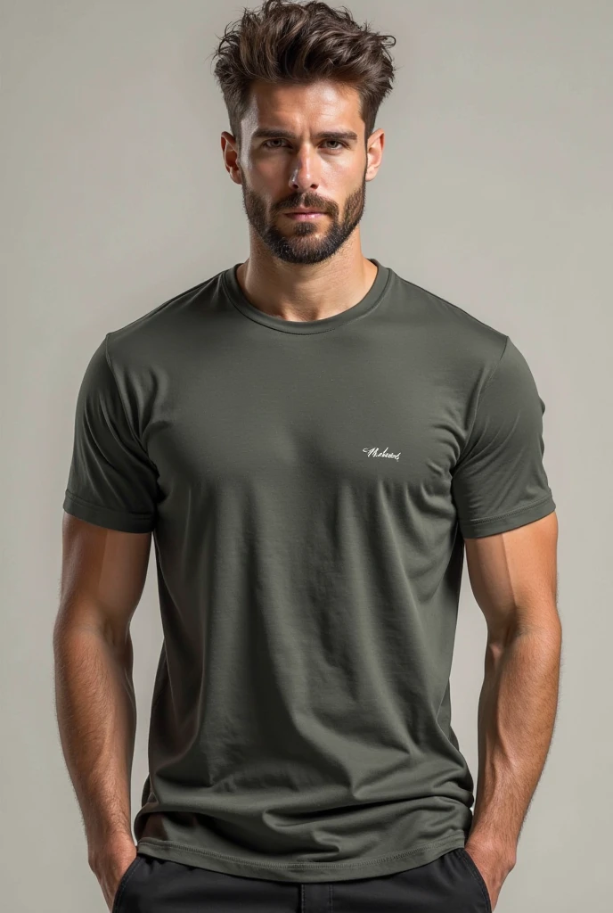 Boy, 23-year-old, muscle, yeux verts, regard calme et serein, t-shirt noir 