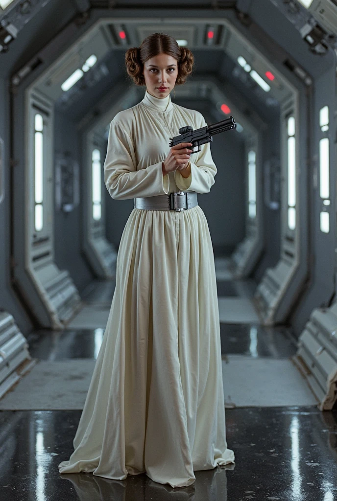 Kate Mara (age 25) in the role of Princess Leia (white metallic skinsuit and cloak) is a high tech and very dangerous torture chamber pleading with Darth Vader for mercy