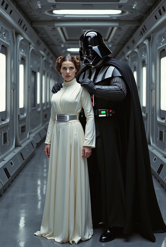 Kate Mara (age 25) in the role of Princess Leia (white metallic skinsuit and cloak) is a high tech and very dangerous torture chamber pleading with Darth Vader for mercy
