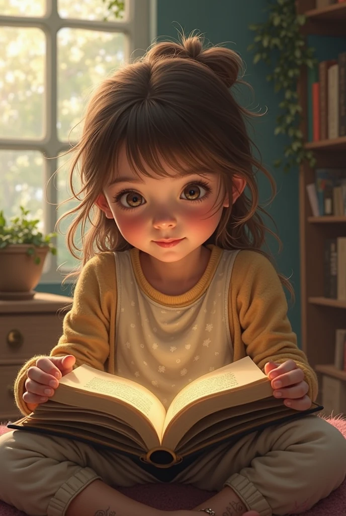 Create a 3D animated image of a girl sitting reading a book