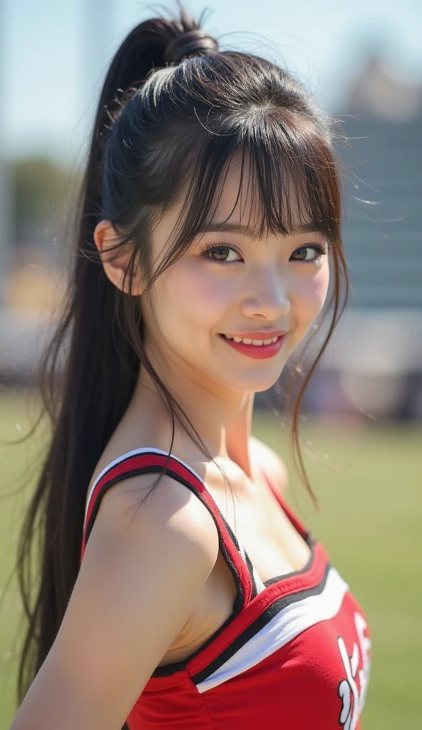 black hair, hair bobbles, wince, longeyelashes, solid circle eyes, fake animal ears, light smile, ear blush, fang, ccurate, streaked hair, curly hair, braided ponytail, blunt bangs, bangs, side ponytail, very long hair, hairband, earrings, red lips, teeth, stifled laugh, Surrealism, drop shadow, anaglyph, stereogram, tachi-e, pov, atmospheric perspective, ray tracing, sparkle, Nikon, foreshortening, 8k, super detail, best quality, highres, UHD, anatomically correct, textured skin, super detail, 1080P, 16k