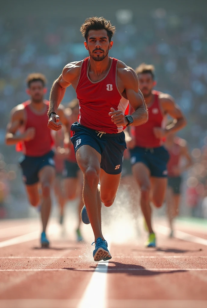 Un hombre preparandose para una carrera de atletismo, publico , ropa deportiva, view from below y alejado, maximum detail, Play of light and shadows, ((perspiration detail)), (((professional photography capturing the best moment)))