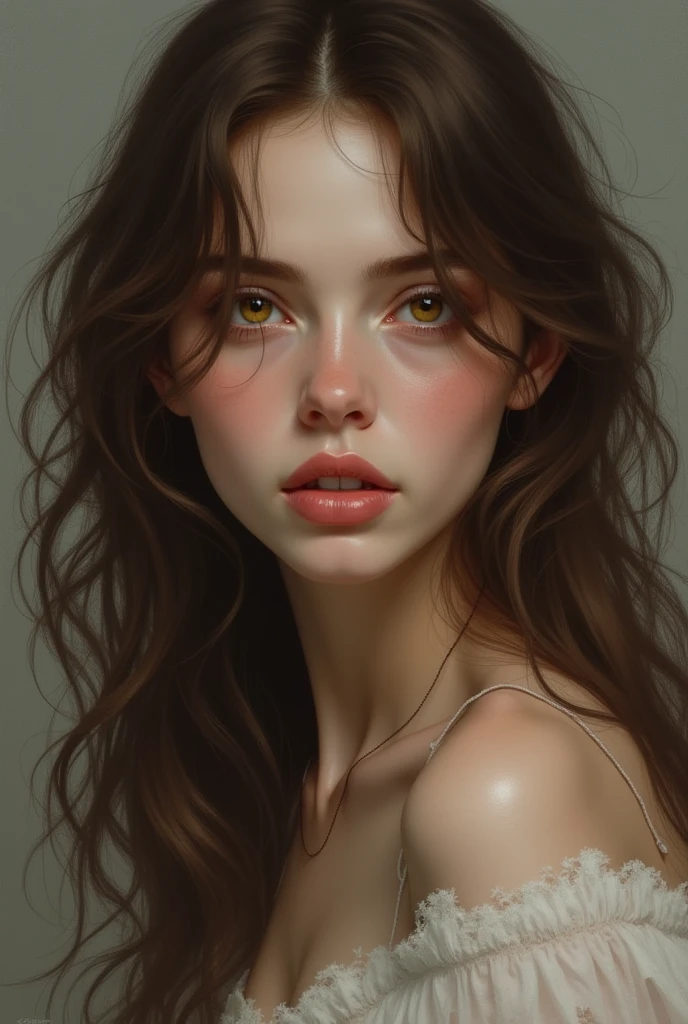 Extreme Beautiful woman from austria, realistic eyes, hyperrealistic face, slim face, long brown hair, 27 years old