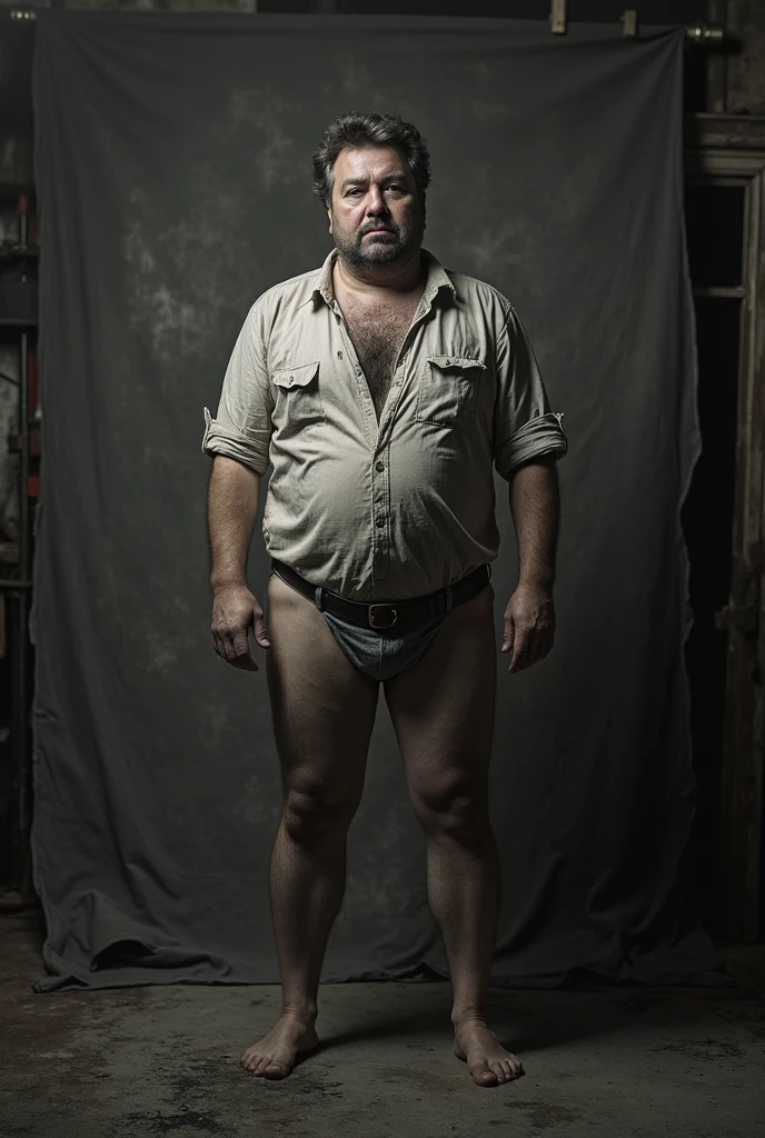 create a high-resolution image of a real man, stocky, sweaty, from cueca, with his pants down, drooling.