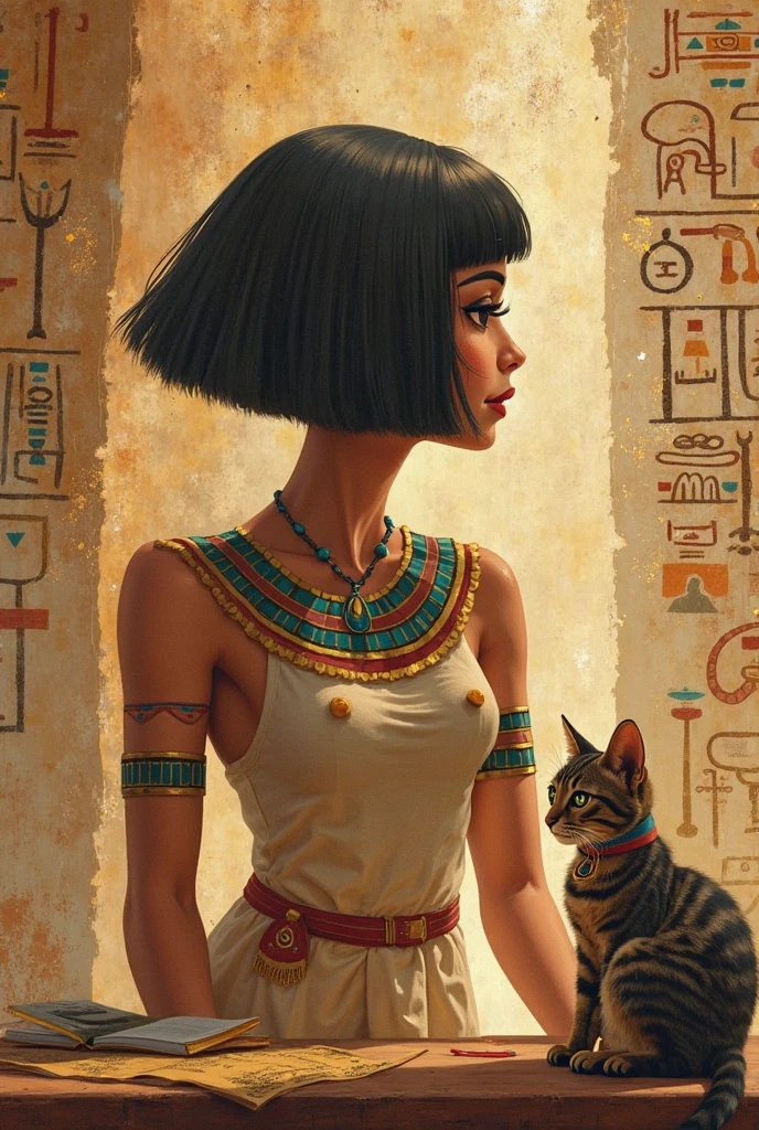 Highest quality, masterpiece, medium closeup shot, RAW photo, of (elegant ancient Egyptian woman with short hair, in Egyptian temple, with a fluffy cute cat), (psychedelia), ancient Egyptian attire, Cleopatra, (sphinx:0.6), (pyramids:0.7),  (highly detailed skin), ancient rune tattoos, skin texture,  (portrait:0.9), (detailed face), alluring eyes, [cool|warm] color temperature, soft focus, diffused soft lighting, (backlighting:0.8), photographed on a Nikon D850, 50mm lens, F/2.8 aperture, (exposure boost:0.5), (highly detailed, intricate details), minimal shadows, absurdres, 8mm film grain