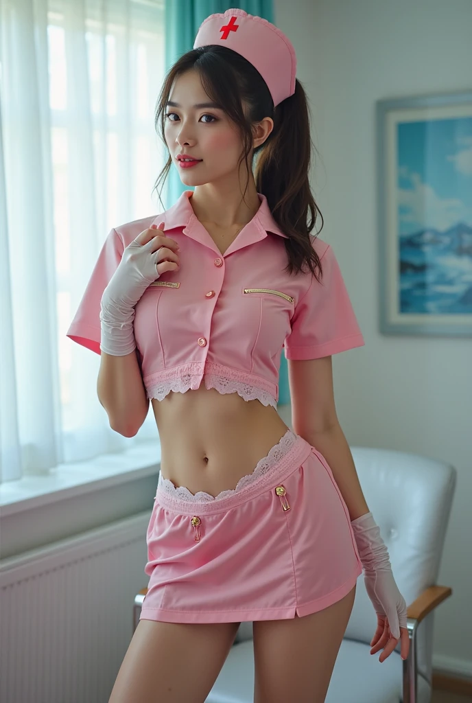 Surreal 8K CG,perfect faces,Impeccable perfection,ren,tmasterpiece,professional artwork,famous artwork,Innocent 14-year-old girl、(Wearing a pink nurse's uniform, Wearing a nurse's hat)、Wear small cotton panties、sitting in bed、A Smile、Raw foto, (8K、Top Quality、masterpiece:1.2)、(delicate detail:1.4)、(Photorealcitic:1.4)、octan render、Complex 3D rendering, Ultra-detail, Studio Soft Light (Studio Soft Light) , Rim Light, vibrant details, Super detailing, Realistic Skin Textures, Detail Face, Beautiful detail eyes, Highly detailed CG Unity 16k wallpapers, Makeup-, (detailed background:1.2), shinny skin、turned around、exposed thighs!!!、
