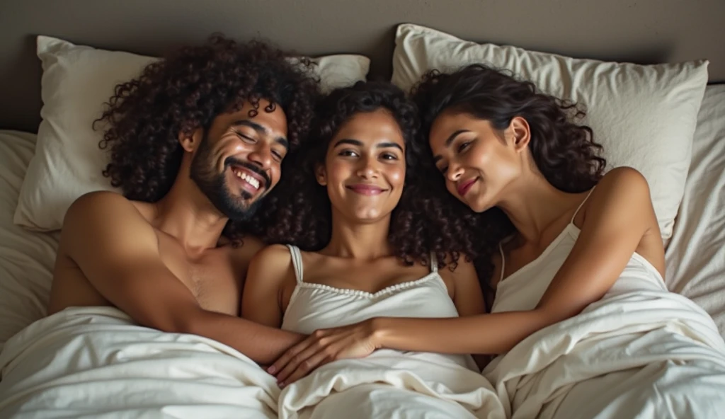 man in bed with two women beside him, man and woman covered with sheet, man in the center of the bed, ultra-realistc, 4K