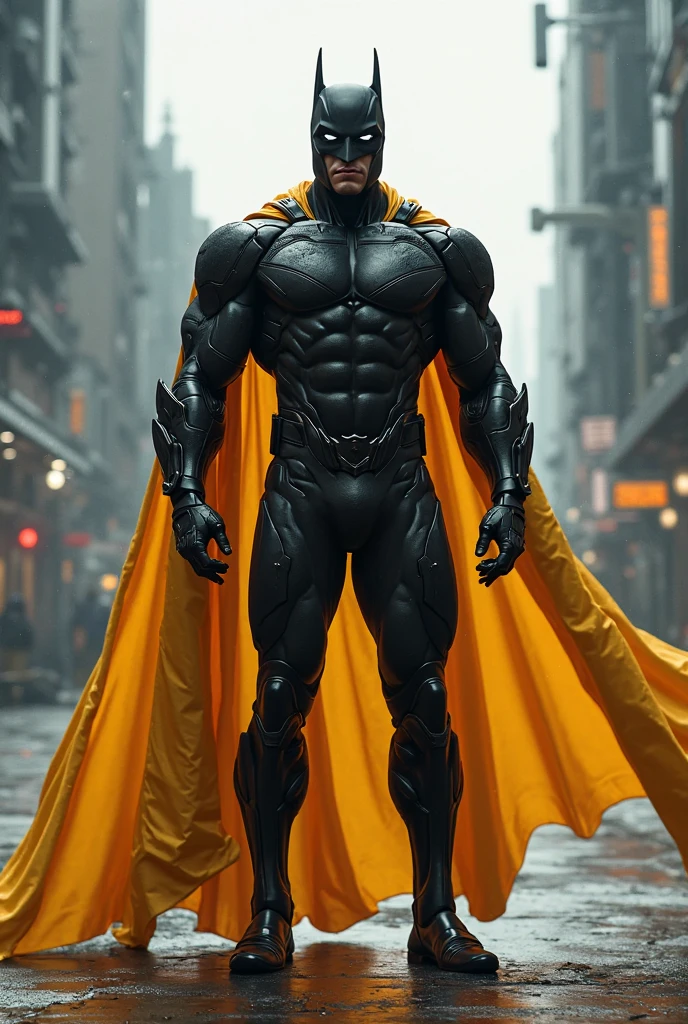 Arad man in black and yellow clothes standing on city street, muscle male hero, round inch head Buzz cut, conceptual art like Ernest Khalimov, heroic male pose, muscular! Wearing black sunglasses, cyberpunk, stealth suit, super buff and cool, high resolution commission, jigachard muscle, ernest halimov body, character design police, black army boots, charismatic strong male with armor