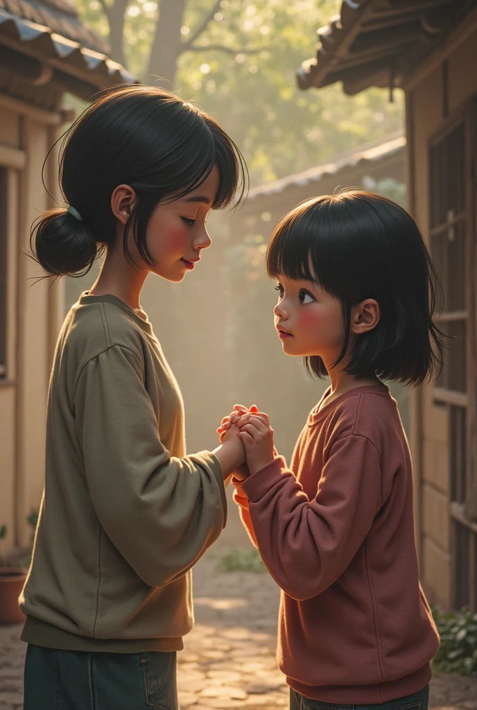 Make me two girls, one with half-curled hair in the middle and another with very short straight hair making bracelets on the stairs of their grandmother's house and the bracelets should be green and gray and put m+b (realist)