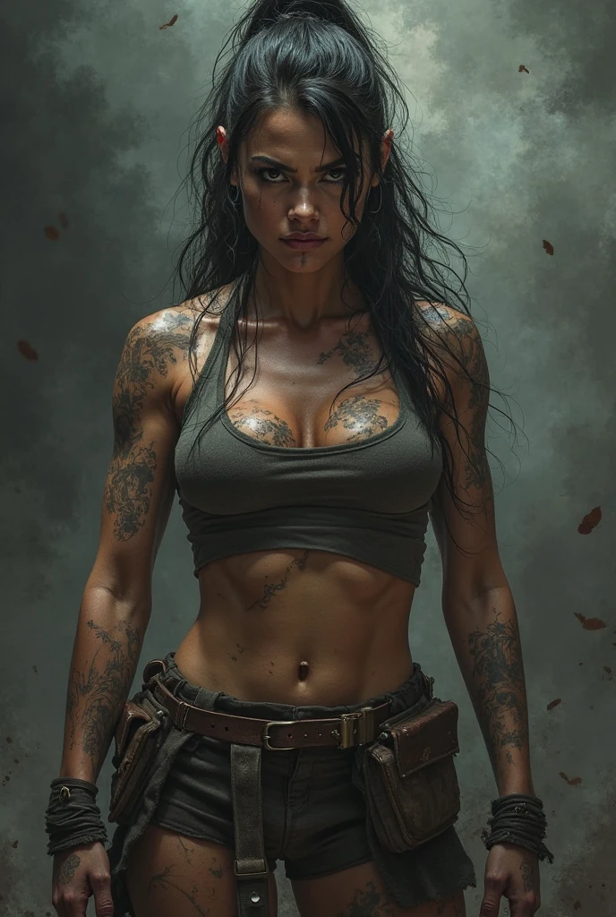 masterpiece, best quality, 1girl,  <lora:kwFemale_Beta40-SDXL_v1:1>, black, tomb raider, corpse, undead, monster, underworld, pistol, chinese, stomach tattoo, nipple piercing, cleavage, waifu,