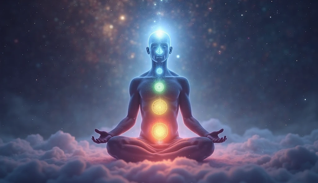 A balanced image of a man sitting in meditation, with his body appearing transparent like glass and sparkling with diamond-like brilliance. His form is luminous, radiating a soft, bright light. Above his head, a glowing diamond-shaped light shines intensely, surrounded by shimmering diamond dust. White energy lines radiate from the top of his head, symbolizing enlightenment and spiritual power. The overall composition is symmetrical, creating a sense of calm and harmony. The image is bright, with a soothing and peaceful atmosphere, emphasizing tranquility and inner peace.