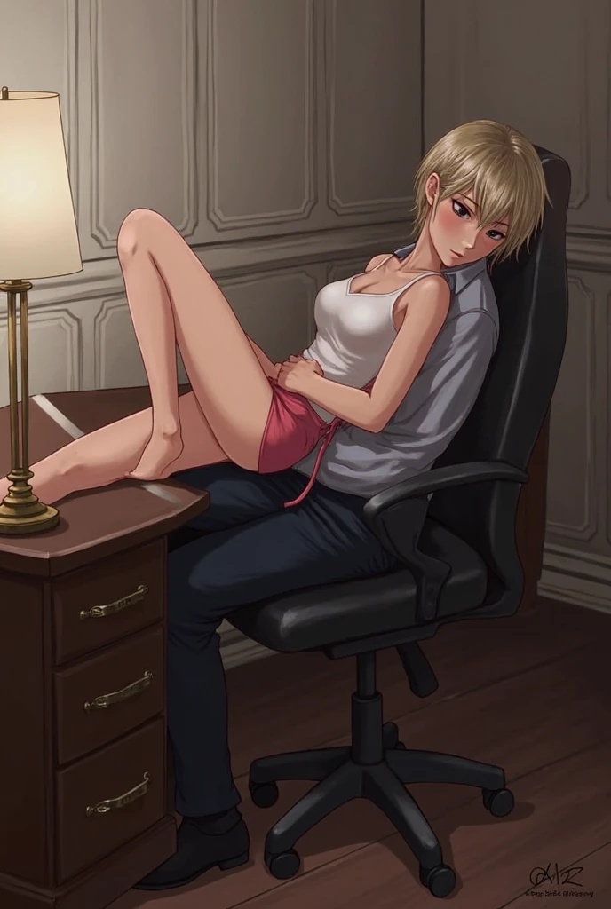 An attractive private anime psychologist, very long blonde ponytail, looks at you (with canthal tilt light green eyes), wide smile, white shirt and (black fitting trousers:1.05) (in a private psychologist antique wooden office) Sexual legs crossed with high heels.