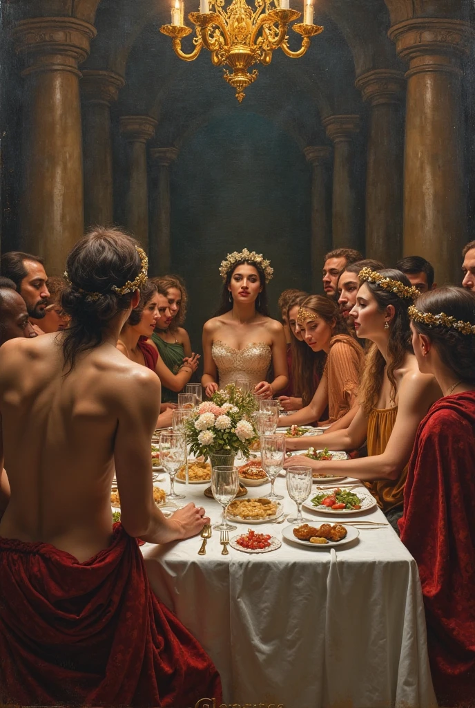 Eros eating a cake surrounded by several women who admire him