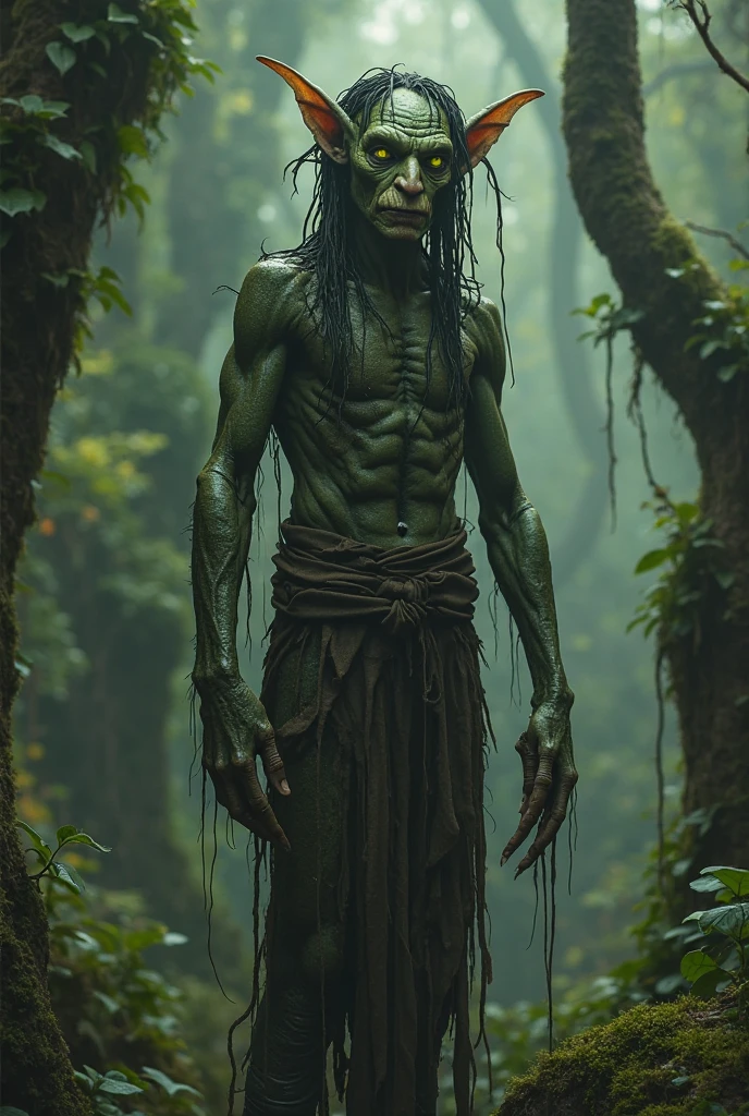 rain, photo, (Active movement:1.1135), (rough rough skin:1.125) look like (bark of tree:1.235), ultra-realistic shading, anthropomorphic, light green-brown, big, photorealistic, in a raincoat, breathtaking, looks very attentive, (Daniel Ridgeway Knight:1.120), Huge pectoral muscles, tribe, warrior, biceps, (Loincloth:1.15), thin waist, Slim Male, In forests, dreadlocks with beads on head, web, day, summer