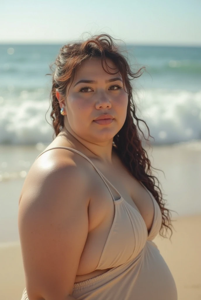 A chubby girl walking on the sandy shoreline, wide shot, zoomed out, detailed realistic photography, cinematic lighting, beautiful ocean scenery, dramatic clouds in the sky, warm sunset colors, detailed skin texture, flowing dress, candid pose, natural environment, serene atmosphere, photorealistic, highly detailed, 8k, sharp focus, masterpiece