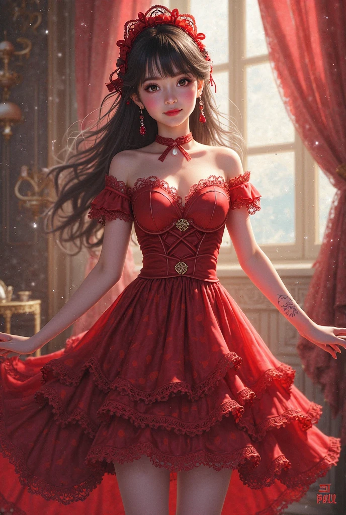 (masterpiece, best quality), 1girl, red dress, pantyhose, cute face, blush,