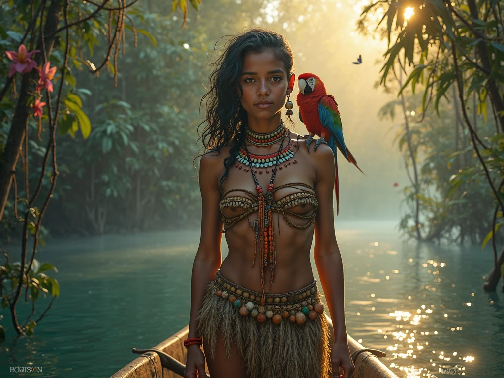 A beautiful Brazilian Indian woman characterized according to a real culture with a very cute face and an athletic body with a blue macaw on a very high peak in the Amazon rainforest from where you can see the river and waterfalls.
