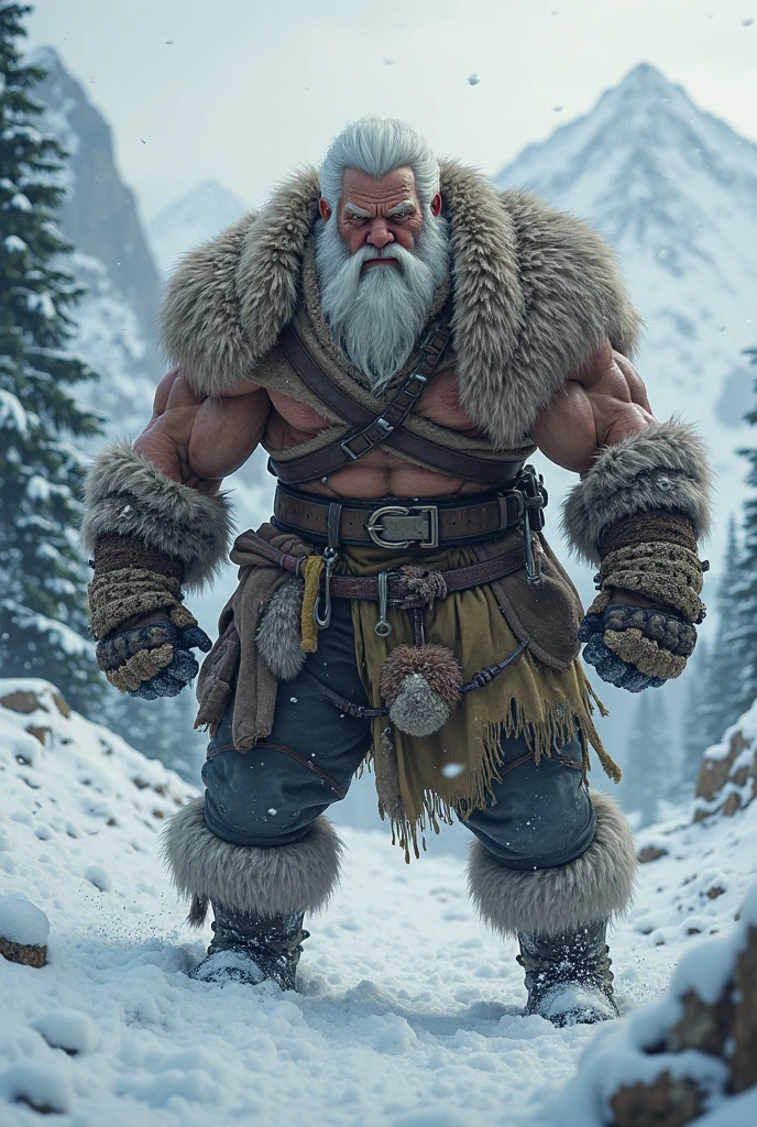 Hyperrealistic image of a Scottish warrior from the 5th century BC.c, Very old and very sweaty superhero with long and very gray hair, bodybuilder over 80 years old, very muscular and fat, more than 200 kilos with a naked torso, large and flaccid pectorals, tattooed, huge brown nipples, large gray mustaches, wearing a kilt and a fur cape. bear in a highland landscape