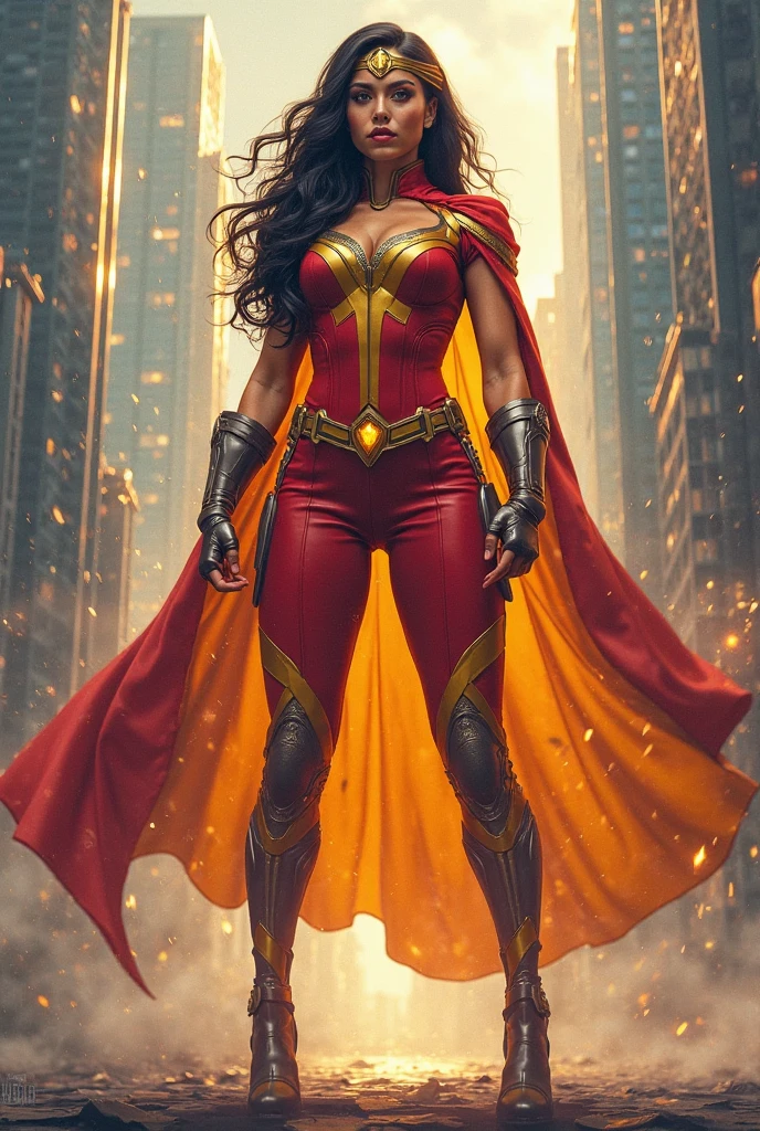 A beautiful woman under the cloak of the warrior Big Barda has long hair, black and almost always hidden by his samurai helmet. His eyes are light blue. Her superheroine costume is samurai themed.. Her costume usually includes a red jumpsuit combined with yellow and a gold armor top over her jumpsuit on her knees screaming exhausted after an extensive battle blood around her in an apocalyptic and rainy city cars and buildings on fire