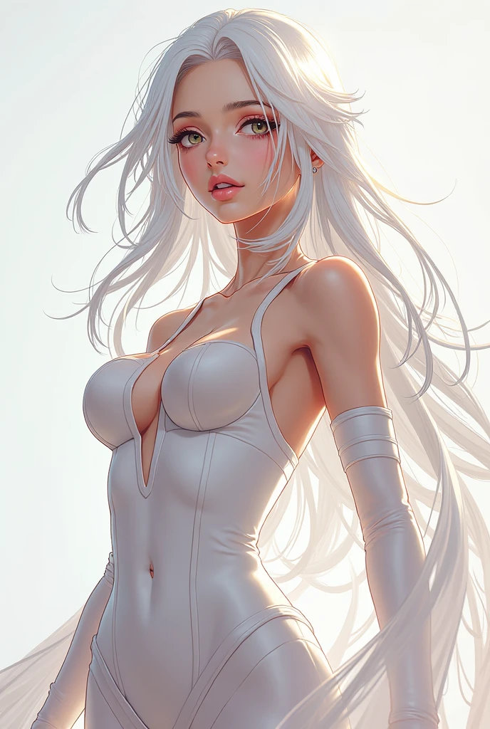 woman with white hair, fair skin, blue eyes, wearing a white shirt, full breasts, expression of joy, happiness, sensual pose. looking at the viewer