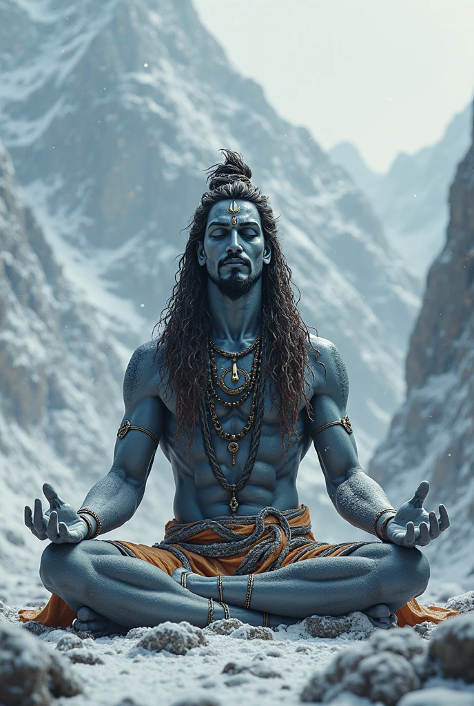 Silhouette image of Mahadev ji on a ice glaciers in meditation , in dark shades with lighter background 