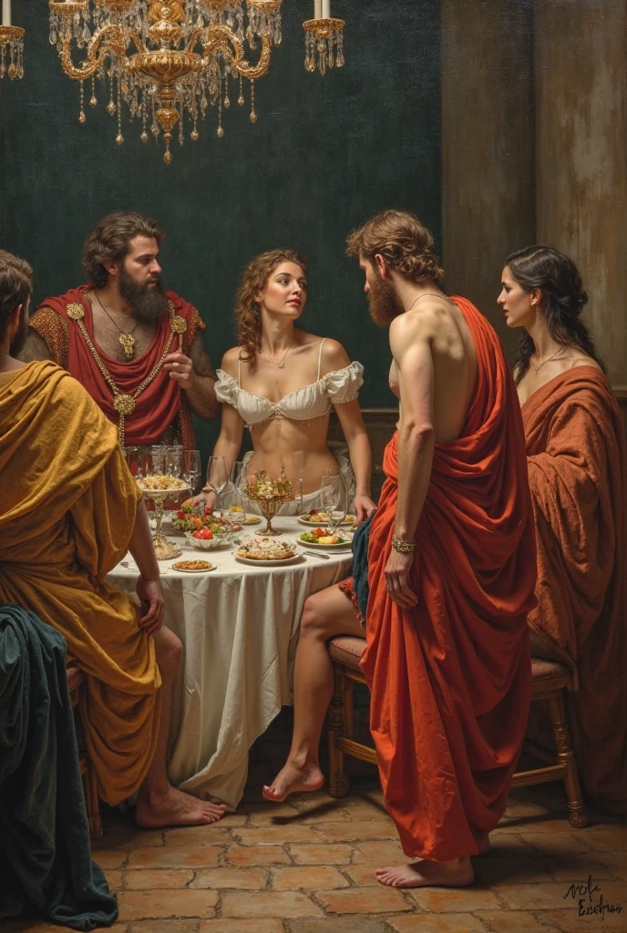 fullbody, painted of full body of four peoples, foot on ground, a standing greek handsome man give an apple to a naked woman with flower, a woman with shield, a woman stand front of a Peacock, masculine, mature, muscular, hairy torso, fantasy, intricate, elegant, highly detailed, digital painting, artstation, concept art, smooth, sharp focus, illustration, art by gaston bussiere and alphonse mucha, looking each other.
