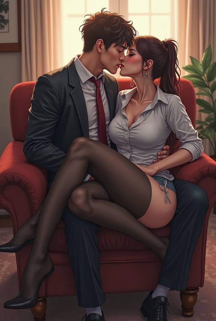1girl,1man,reverse upright straddle,sex,sitting on person,penis,kiss,large breasts,petite,brown hair,long hair,thoughhigh,pantyhose,high high heels,<lora:reverse_upright_straddle_kissing:0.9>,creampie,grabbing breasts,(masterpiece:1.2),(best quality:1.2),highres,luxury,indoors,night,led lights,