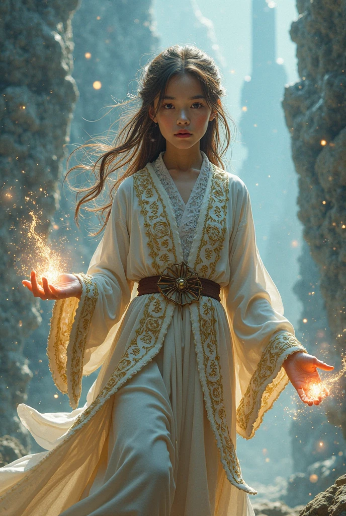 A full body of a 19-year-old Latina woman with short blonde hair. Her dark brown eyes are fixed on the camera, conveying serenity and spiritual wisdom. She wears light transparent clothes that emanate spirituality, in a mystical and illuminated environment, where the soft light highlights her calm and mysterious aura. She has dark skin, which seems to exude a natural glow. Her hair is short, with a cut that highlights her confident and spiritual expression. The strands are the color of ebony, with some natural highlights that shine softly in the light. Her eyebrows are well defined and complement her expressive eyes. They seem capable of seeing beyond appearances and delving into the depths of the human spirit. Her face is serene, with soft features that suggest compassion and empathy. She has a big gentle smile that radiates calmness and confidence. Her presence is welcoming and inspiring.
