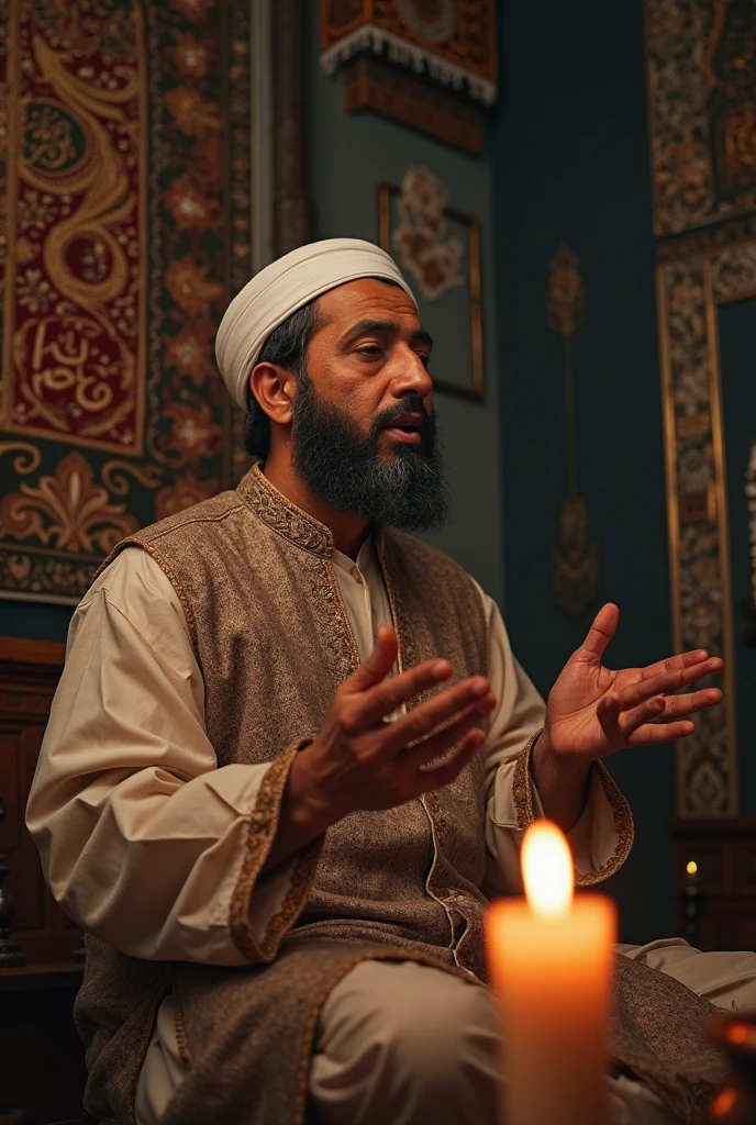 Photorealism:1.2), man, muslim,sit down, teach, facing forward, close up