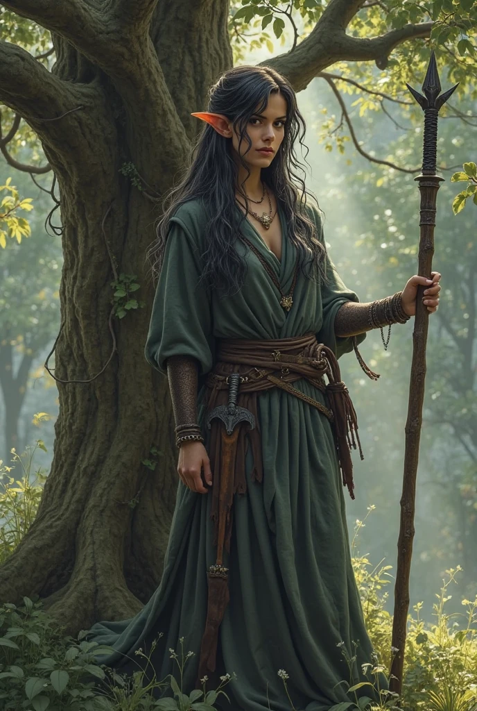 an experienced welsh woman druid, picking mushrooms in the forest. wide brimmed pointy hat. bent down to the ground. tattered clothes, dress, shawl. strong boots. detailed face, eyes, hair.