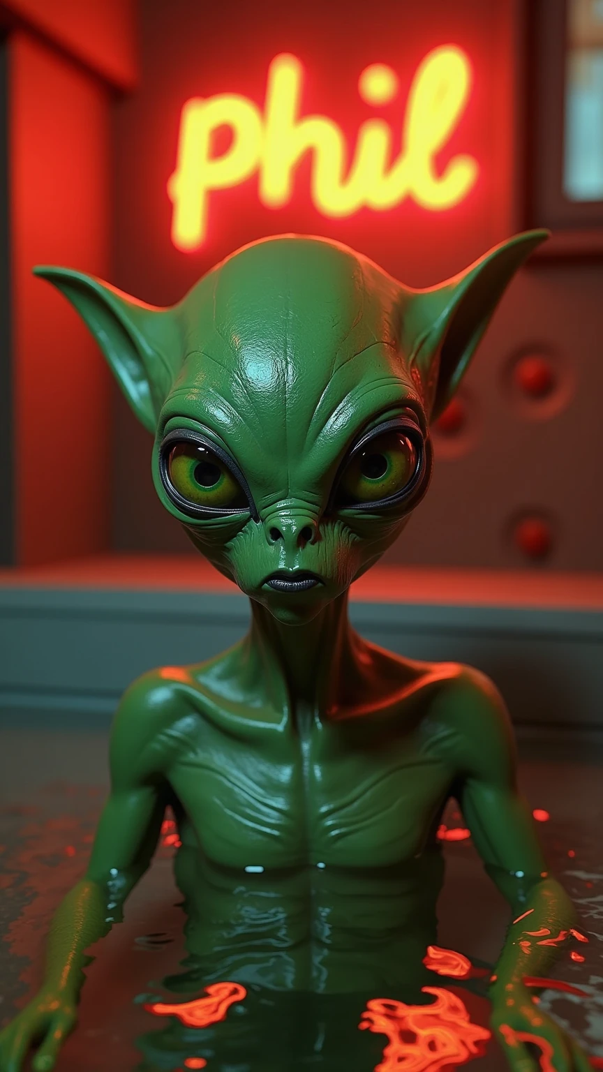 An alien  girl, lying on the sofa, looks very enjoyable, futurama style, looks depressing, high quality, ultra-detailed, crazy details, 4K