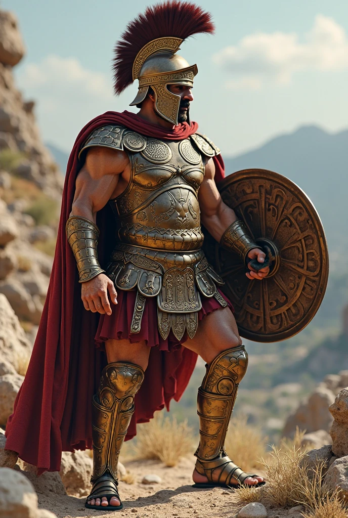 ((head band with Rube Jeweled crown)), hold Greek spear and Greek roundel shield, Front view , Full-body, looking at viewer, sole, great of king, Alexander , Empire of Greek, standing pose, stand on Mable floor, in an ancient Greek Parthenon palace, 20 years-old, handsome,( wave perm , brown hair , Serious, Greek helmet ), normal body, ((An ancient Greek emperor wearing traditional imperial wear, body of leather armor and emboss of Apron face , shoulder and arm protector , White crock)), gorgeous sandal, noon ,(Textured skin , HI Detail Skin, (Shorthand, Canon, 8k, Anatomically correct, Super Detail, Attention to detail, Your Highness)