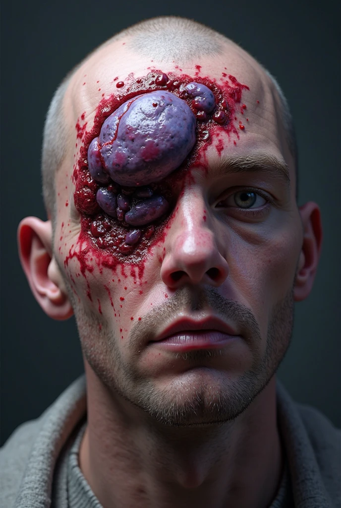 A dissected head, with brain on show, bloodied 