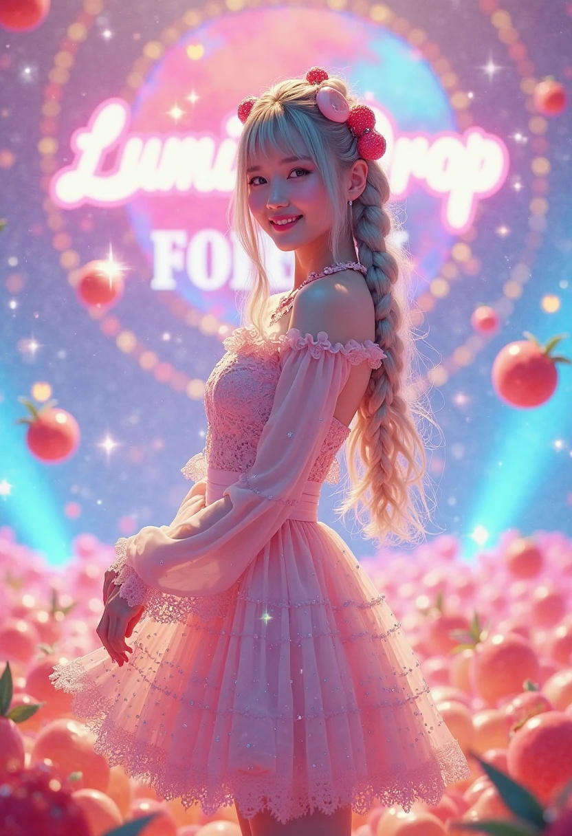 Masterpiece, Superb Painting, Illustration, {Beautiful and Delicate Girl}, Beautiful and Detailed Glow, (Fireworks: 1.2), (Fireworks Behind: 1.3), Rain, Detail Lighting, Detail Water, (Beautiful Detailed Eyes: 1.1), Smile, Period Costume, Pink Hair, Loose Hair, Long Bangs, Eyebrows, (White Gray Dress: 1.1), Black Ribbon, White Bow Tie, Upper Abdomen, Large Forehead, Dumb, Flower, Long Sleeves