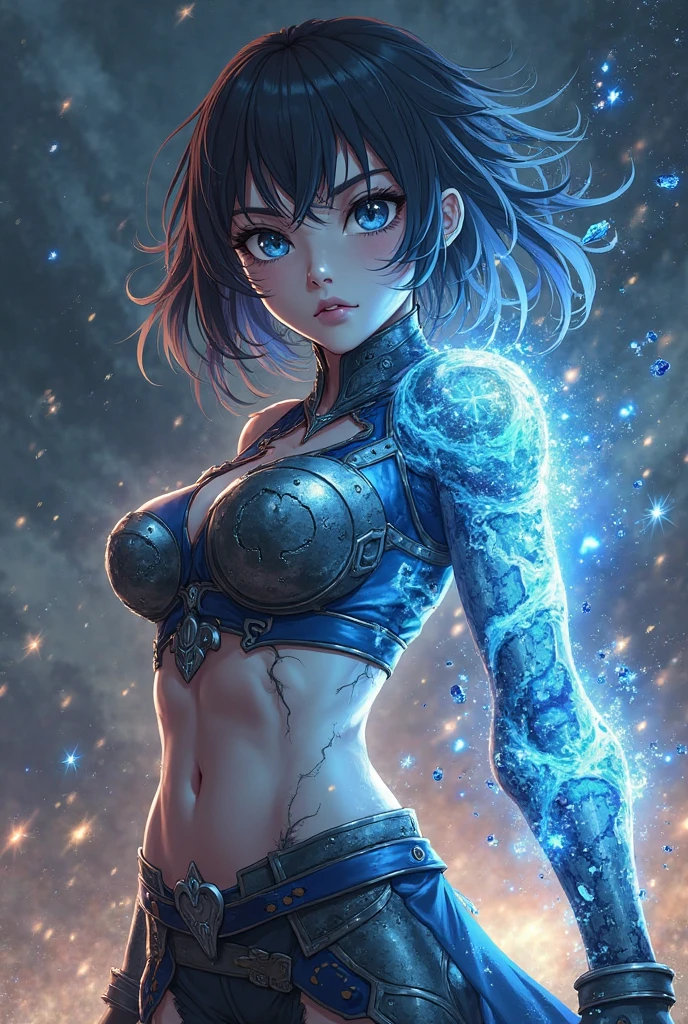 Female ocean sorceress,dark blue and blue hair,short hair,blue eye,dark blue and blue costume,fantasy costume,open shoulder,open waist,armband