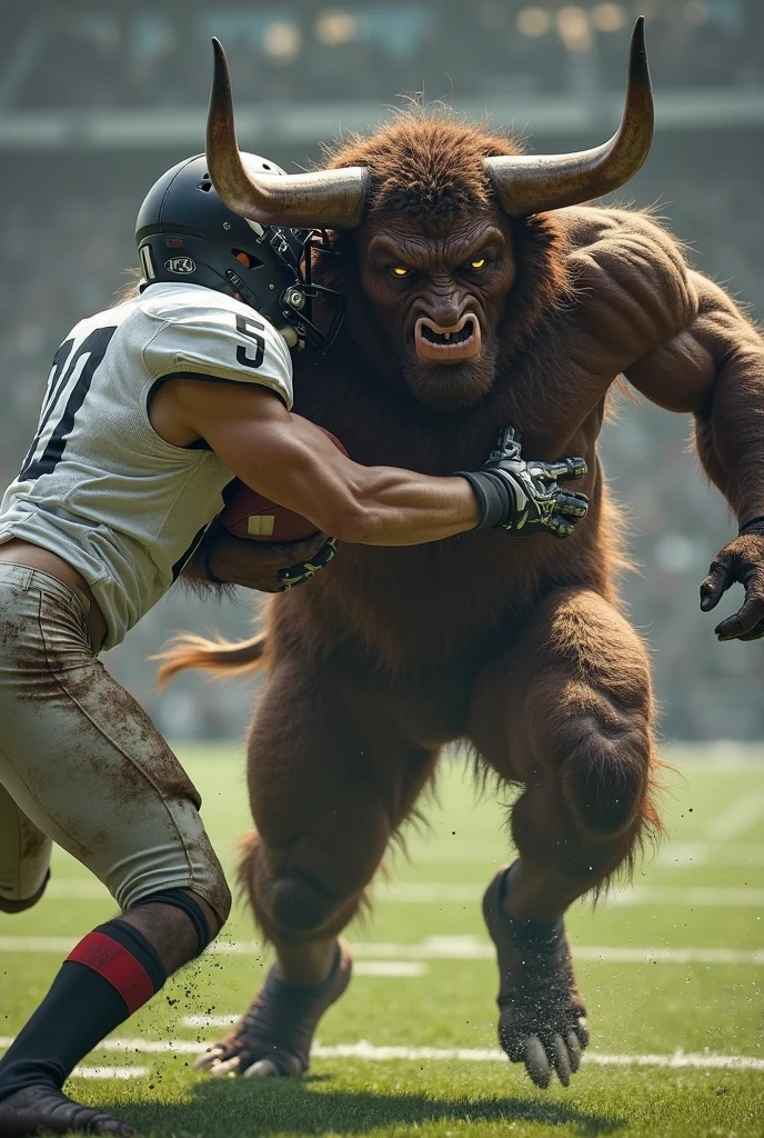 Horned man carrying a baby bull on a football field 