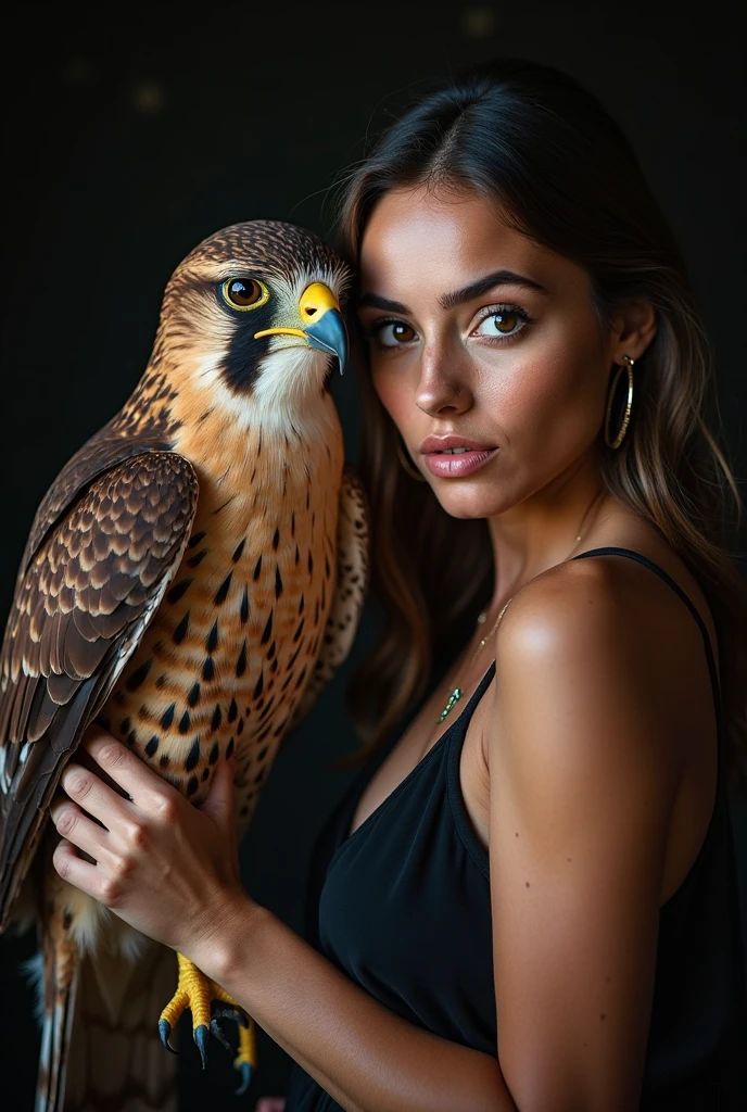 BeautBeautiful and detailed woman with Mediterranean features and dark skin.、、Full length portrait、Front shot showing her perfect breasts looking at the camera.、Wide shot、（(She is totally naked holding a beautiful peregrine falcon on her arm.：1.4)）、(They pose in a landscape with a lake and abundant green vegetation on a sunny day.:1.5))、Ideal body type、Large and perfect breasts、Small and detailed waist、Exquisitely detailed butt、Beautifully detailed crotch、Exquisitely detailed thighs、Beautifully detailed green eyes、Beautiful face、Captivating and naughty look、Long and loose brown hair、((No clothes, totally naked showing even her pubis)), Ultra-compact、8K、Hyper-realistic、Dramatic lighting, chiaroscuro, dramatic atmosphere, elegant, functional, individual, photorealistic, awards, exquisite details, volumetric lighting, vibrant colors, cinematic, masterpiece.