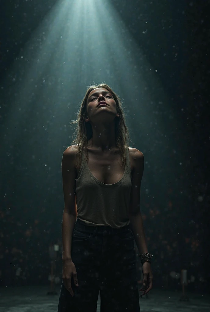 “A young woman with light blonde hair and a delicate, ethereal appearance stands in the center of a crowd. She wears a simple, thin-strapped dress that highlights her slender frame. Her expression is calm yet slightly anxious as multiple hands from the crowd reach out towards her. The crowd is composed of various people, all focused on the young woman. The background is a blurred urban setting, with soft lighting creating a subtle contrast against the girl’s pale skin and light hair.”の裸